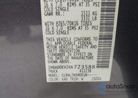 2019 Nissan Frontier S/Sv/Sl/Pro-4X z USA, uszkodzony, nr VIN 1N6AD0EV2KN723588